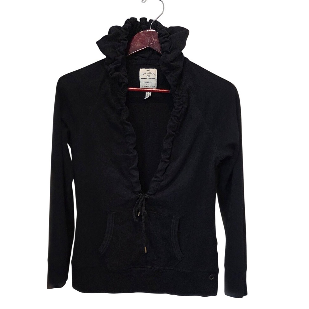 TOM TAILOR Black Ruffle Hooded Sweatshirt Hoodie Lace Up Pocket Women's Medium